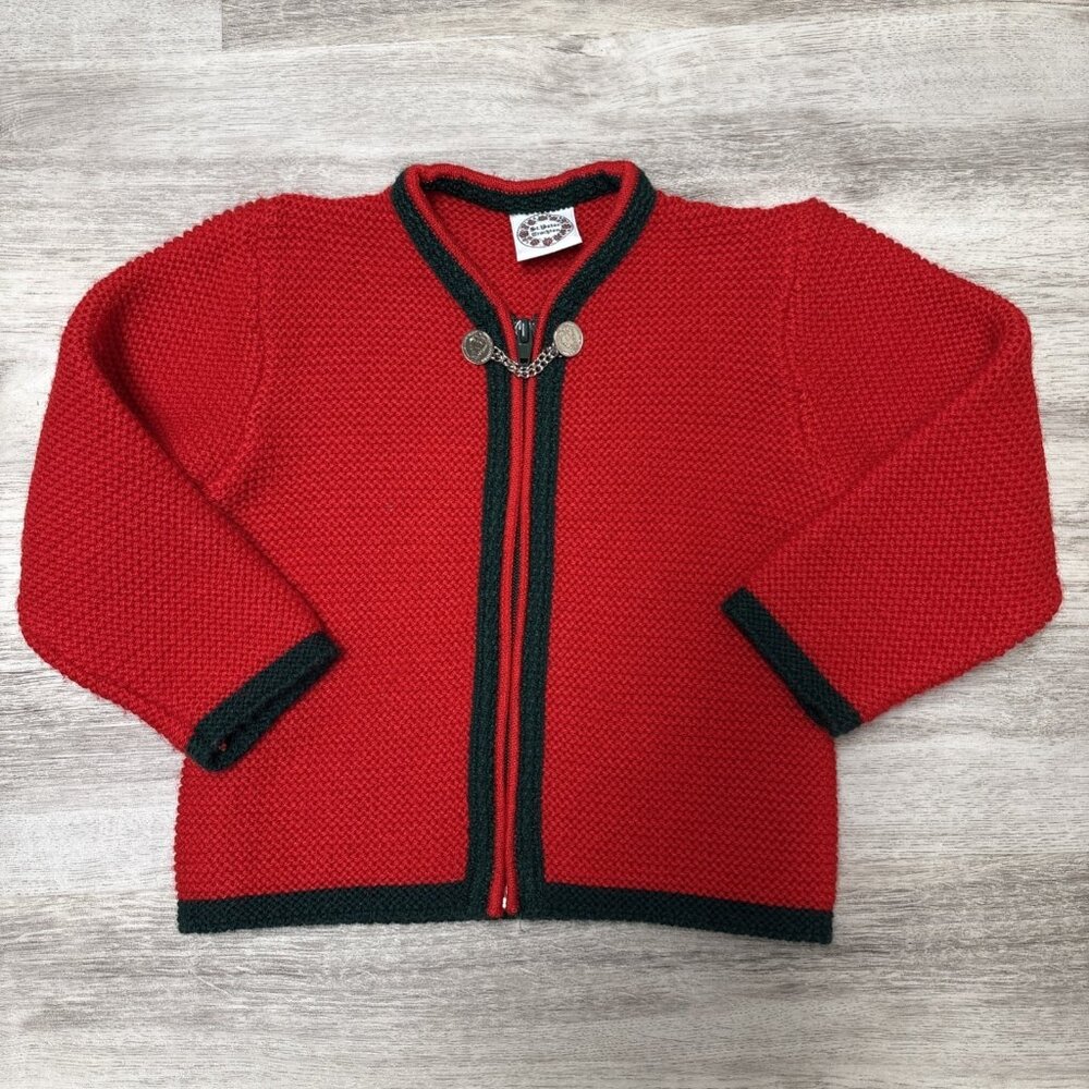 St Peter Trachten Sweater Jacket Swiss Wool Blend Kids Sz 2-5Yrs Red Full Zip